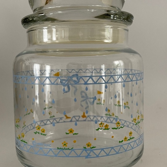 Vintage Clear Glass Canister Geese Blue Ribbon Flowers W/Glass Lid 5.5" - Picture 3 of 9